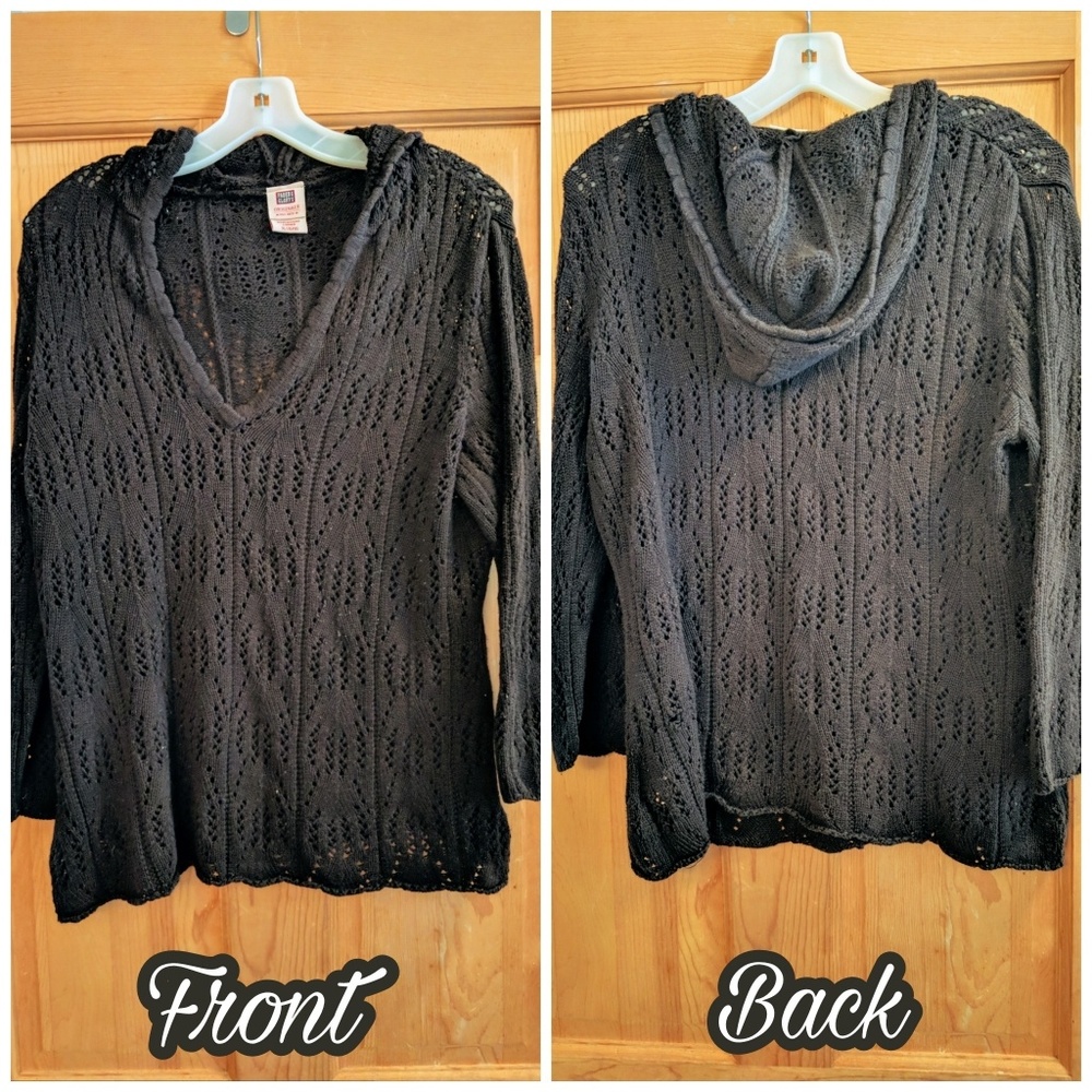 Black Lacy Crocheted Hoodie Sweater Pullover
